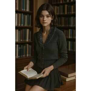 Tommy Jeans VIntage Faux Fur Wool Cropped Cardigan Y2K Preppy Academia Gray S